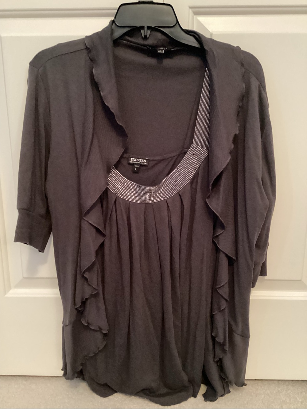Express Charcoal Ruffle Cardigan with Beaded Scoop Neck